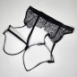 Mesh Marvel: Crossdresser man attached black lace garter belt. Sissy black lingerie. Adjustable straps.