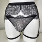 Mesh Marvel: Crossdresser man attached black lace garter belt. Sissy black lingerie. Adjustable straps.