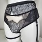 Mesh Marvel: Crossdresser man attached black lace garter belt. Sissy black lingerie. Adjustable straps.