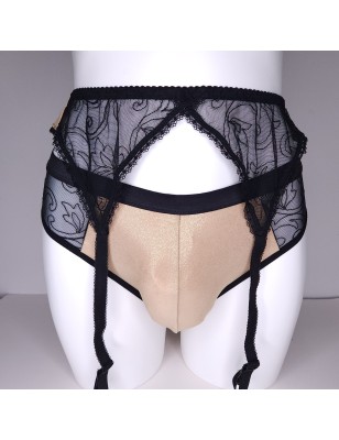 Golden Twilight Fantasy: Black Sissy Garter Belt. Golden Smooth Sissy Lingerie for Men. Crossdresser Matching Lingerie.