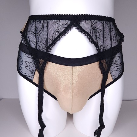 Golden Twilight Fantasy: Black Sissy Garter Belt. Golden Smooth Sissy Lingerie for Men. Crossdresser Matching Lingerie.