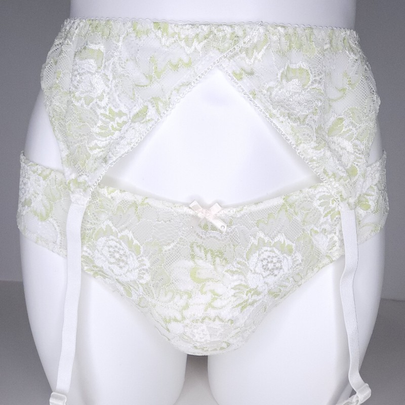 Lime Elegance: Sissy Garter Belt Green White Lace. Man Lingerie. Crossdressing.