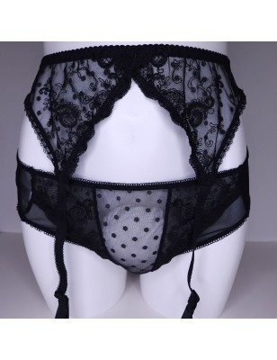 Lace Luxe: Black Sissy Garter Belt Mesh Polka Dot. Sissy Lingerie for Men. Crossdresser Matching Lingerie.