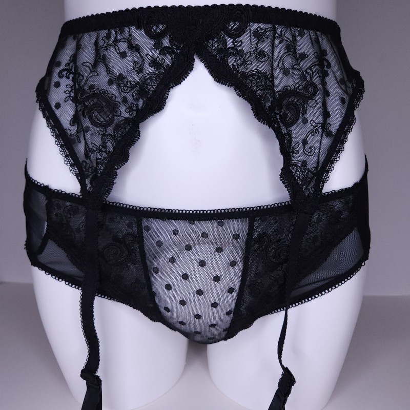 Lace Luxe: Black Sissy Garter Belt Mesh Polka Dot. Sissy Lingerie for Men. Crossdresser Matching Lingerie.