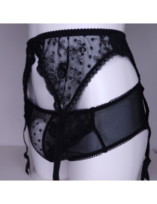 Lace Luxe: Black Sissy Garter Belt Mesh Polka Dot. Sissy Lingerie for Men. Crossdresser Matching Lingerie.