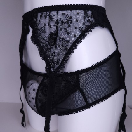 Lace Luxe: Black Sissy Garter Belt Mesh Polka Dot. Sissy Lingerie for Men. Crossdresser Matching Lingerie.