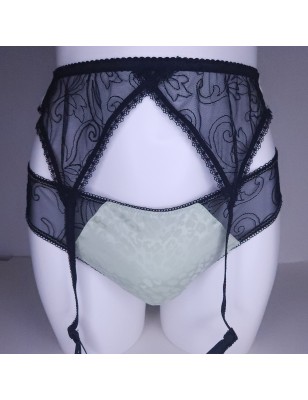 Emerald Comfort: Sissy Lingerie Garter Belt Green Satin, Animal Print, Black Mesh Lace. Crossdresser Matching Lingerie.