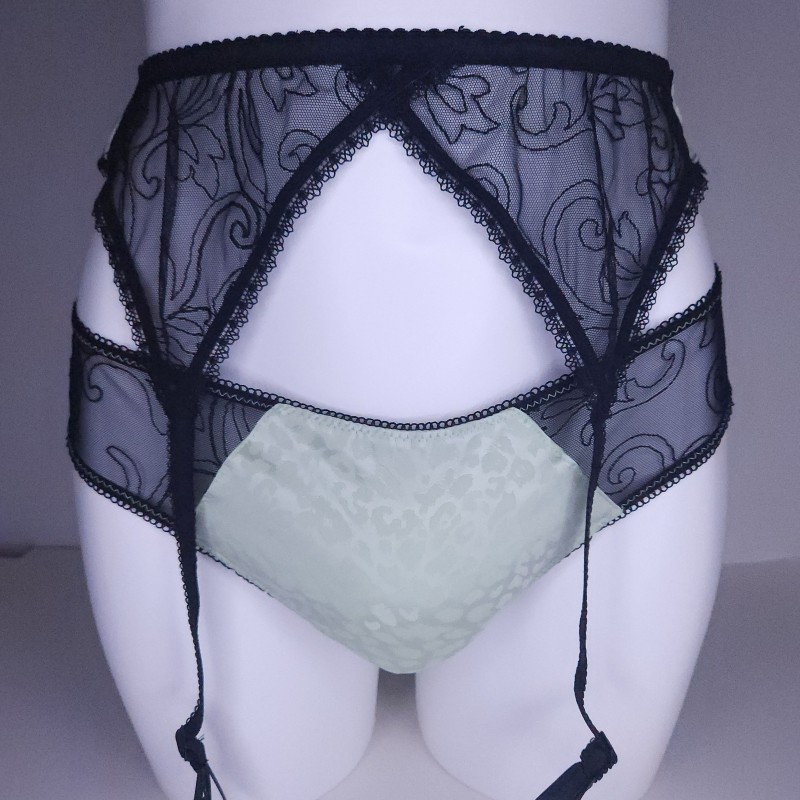 Emerald Comfort: Sissy Lingerie Garter Belt Green Satin, Animal Print, Black Mesh Lace. Crossdresser Matching Lingerie.