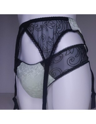 Emerald Comfort: Sissy Lingerie Garter Belt Green Satin, Animal Print, Black Mesh Lace. Crossdresser Matching Lingerie.