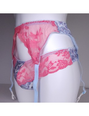 Satin Blossom: Blue and Pink Lace Sissy Garter Belt for Men. Sissy Lingerie for Men. Crossdresser Matching Lingerie.