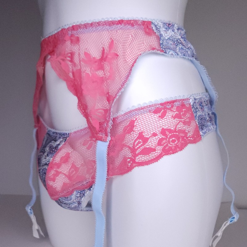 Satin Blossom: Blue and Pink Lace Sissy Garter Belt for Men. Sissy Lingerie for Men. Crossdresser Matching Lingerie.