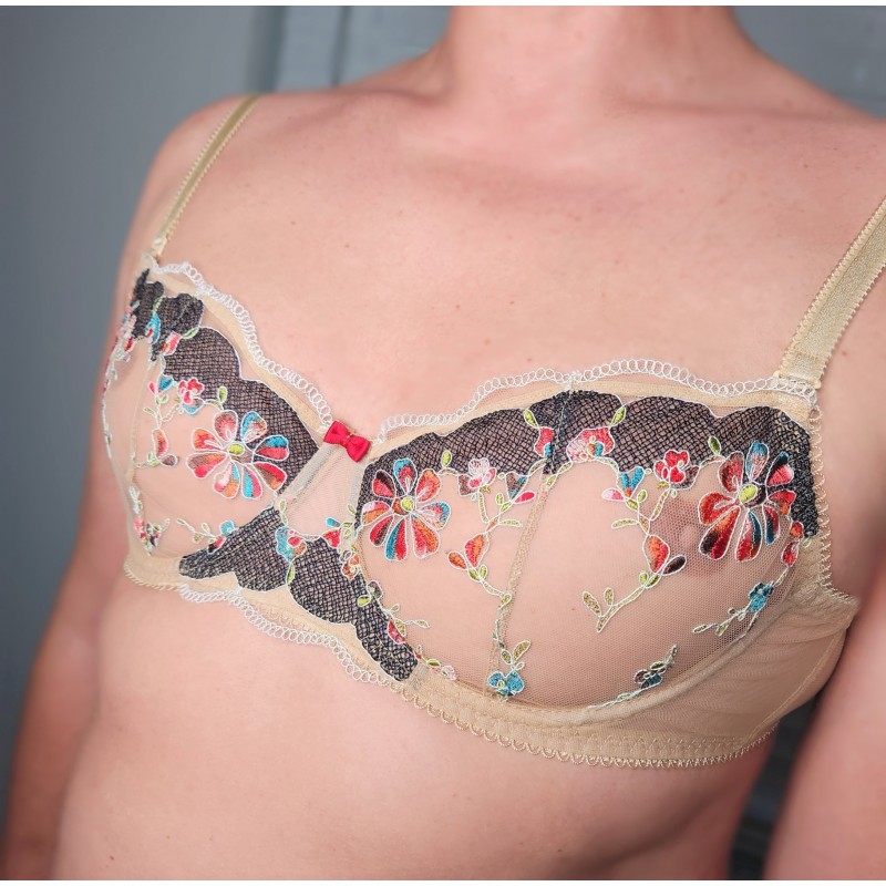 Floral Fantasy: Beige Balconette Bra for Men