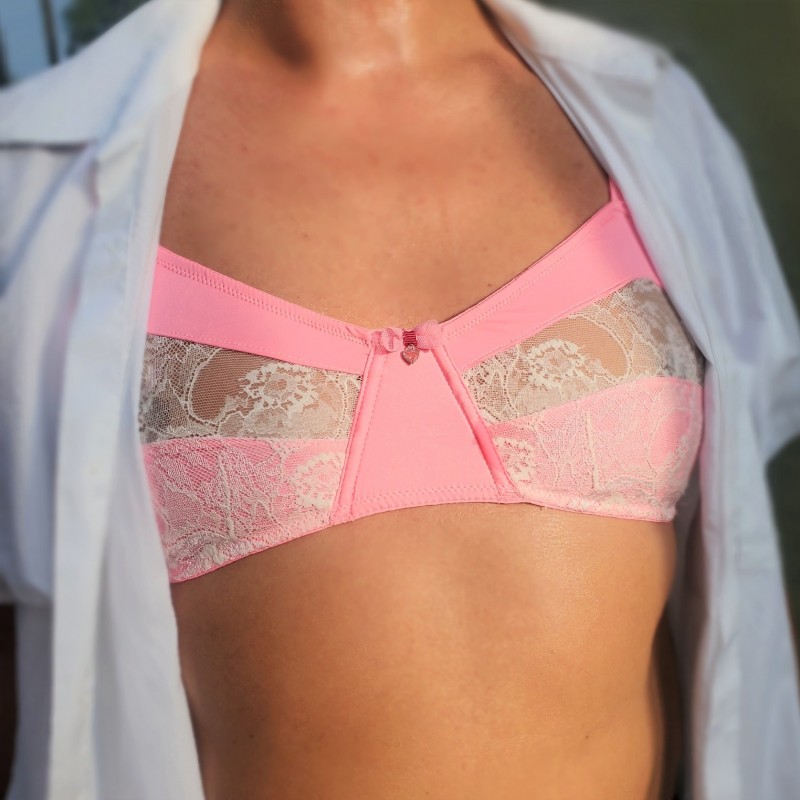 NeonLace Allure: Men's Vibrant Pink Luxury Bra.