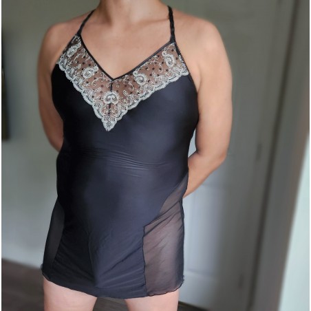 Luxe Lounge: Long Sissy Camisole with Cross Back Design and Embroidered Cleavage