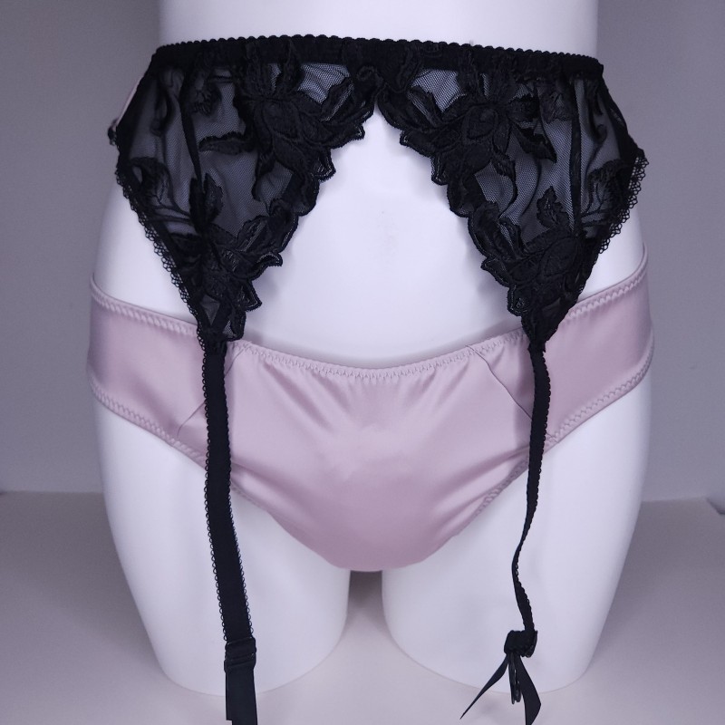 Flirty Pink Satin & Lace: Crossdressing Lingerie Sets XXXXL. Satin Garter Belt to Match Dirty Pink Panties and a Bra.