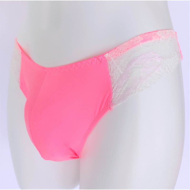 NeonLace Allure: Neon Pink Comfort Pouch Thongs for Crossdressers