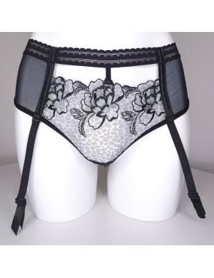 Black Leopard: Sexy sheer lace garter belt thongs  for men. Green black lingerie for men