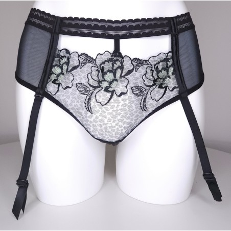 Black Leopard: Sexy sheer lace garter belt thongs  for men. Green black lingerie for men