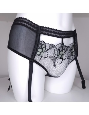 Black Leopard: Sexy sheer lace garter belt thongs  for men. Green black lingerie for men