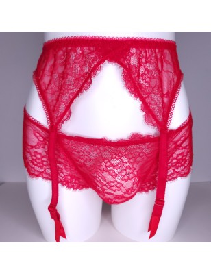 Crimson Elegance: Red Sissy Garter Belt for Men. Mesh Lace Sissy Lingerie for Men.