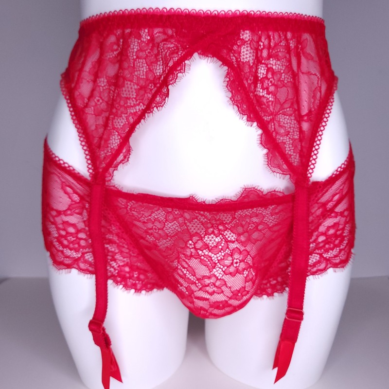 Crimson Elegance: Red Sissy Garter Belt for Men. Mesh Lace Sissy Lingerie for Men.